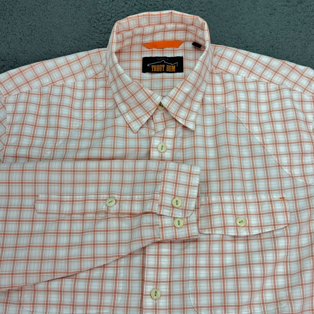 Orvis Trout Bum Fishing Shirt Mens M Orange Plaid Roll Tab Long Sleeve Button Up